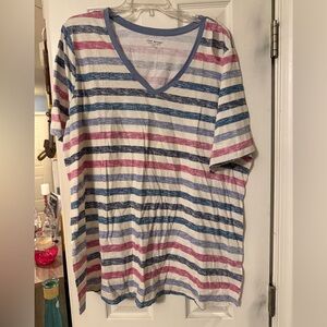 Lane Bryant Striped V-Neck Tee in Blue, Pink & White